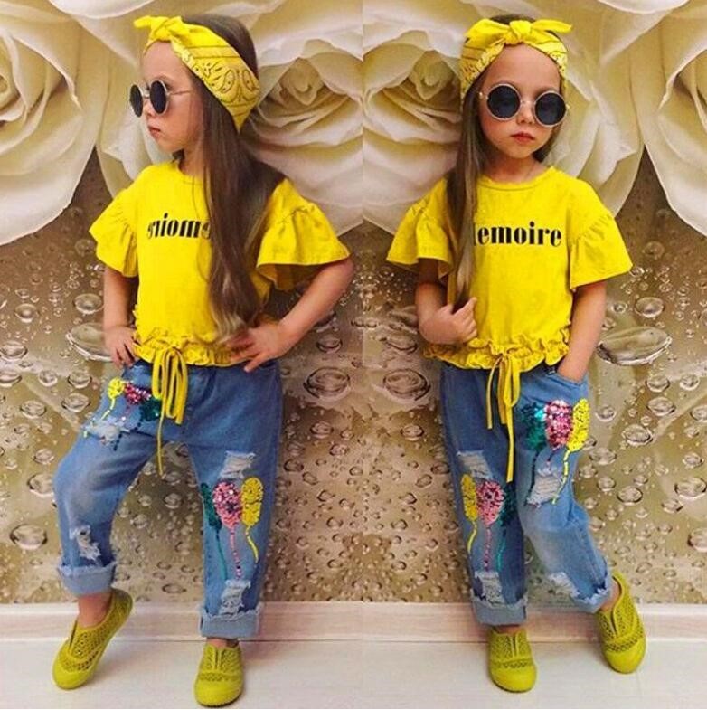 Girls' Casual Two-Piece Denim Suit: Yellow Cotton Letter T-Shirt & Jeans Set