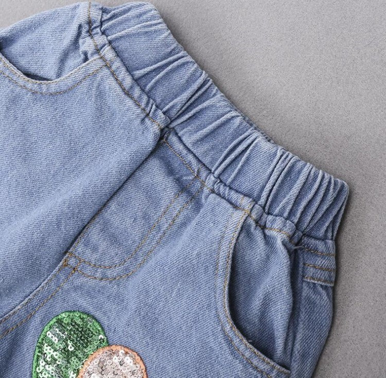 Girls' Casual Two-Piece Denim Suit: Yellow Cotton Letter T-Shirt & Jeans Set