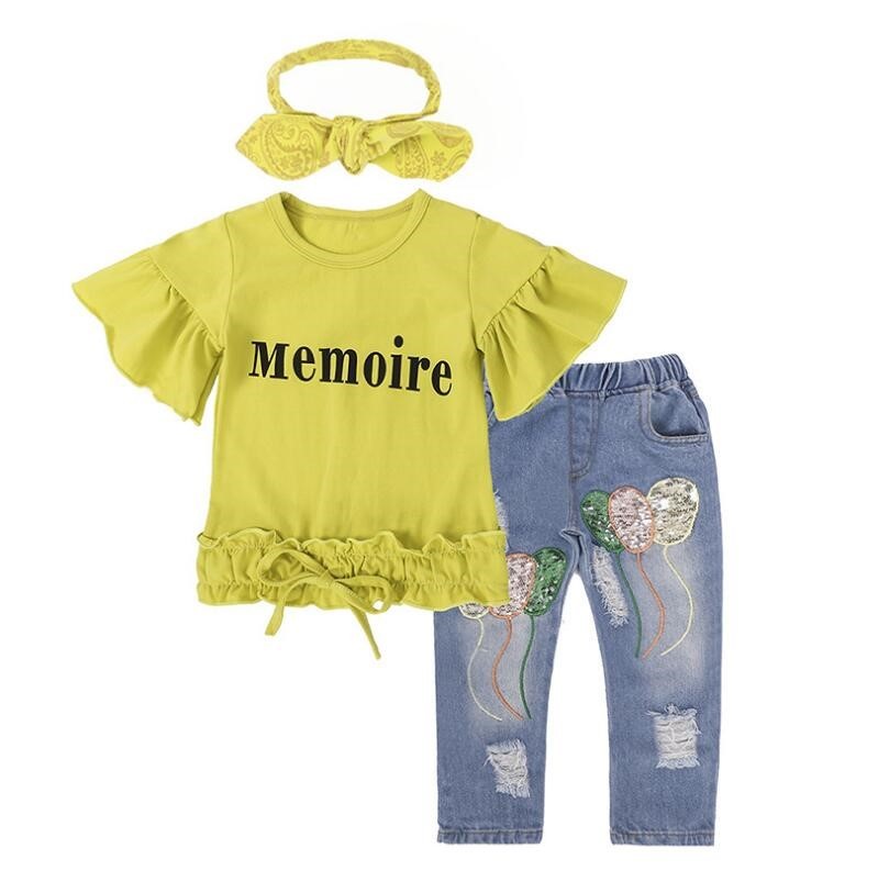 Girls' Casual Two-Piece Denim Suit: Yellow Cotton Letter T-Shirt & Jeans Set