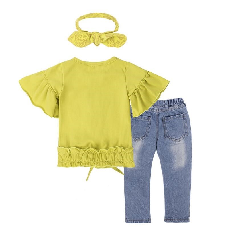 Girls' Casual Two-Piece Denim Suit: Yellow Cotton Letter T-Shirt & Jeans Set
