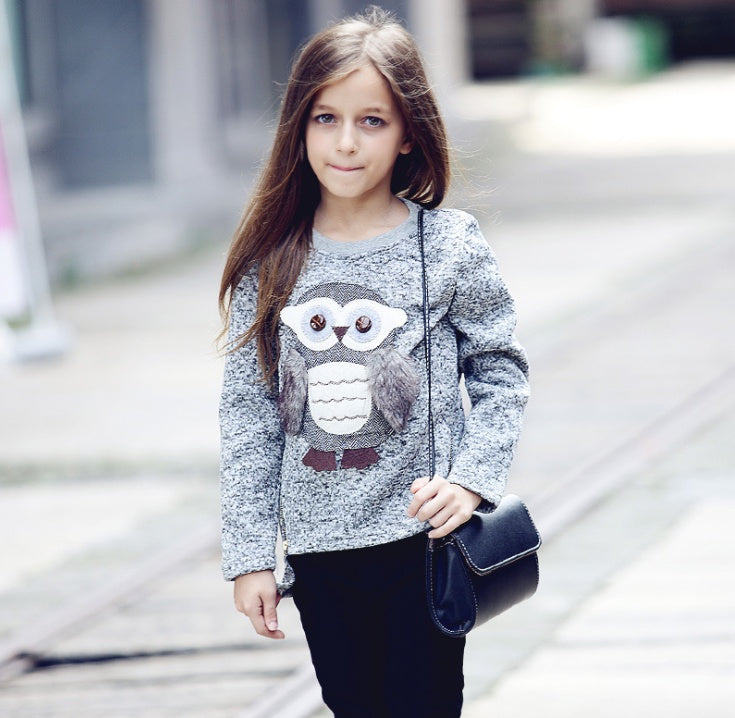 Girls' Cartoon Owl Fleece-Lined Winter Jacket
