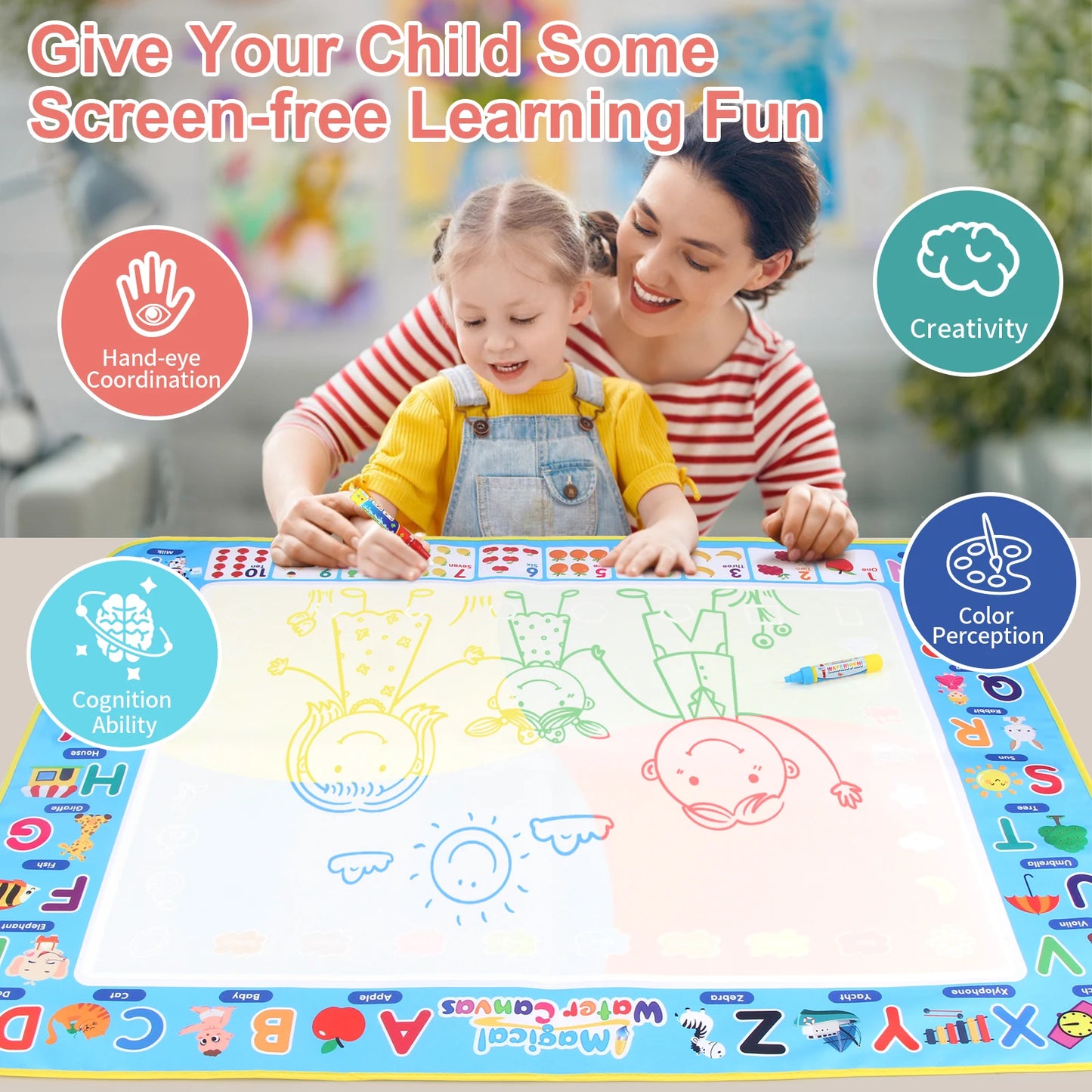 Reusable Water Doodle Mat with Magic Pens | Mess-Free Drawing for Kids