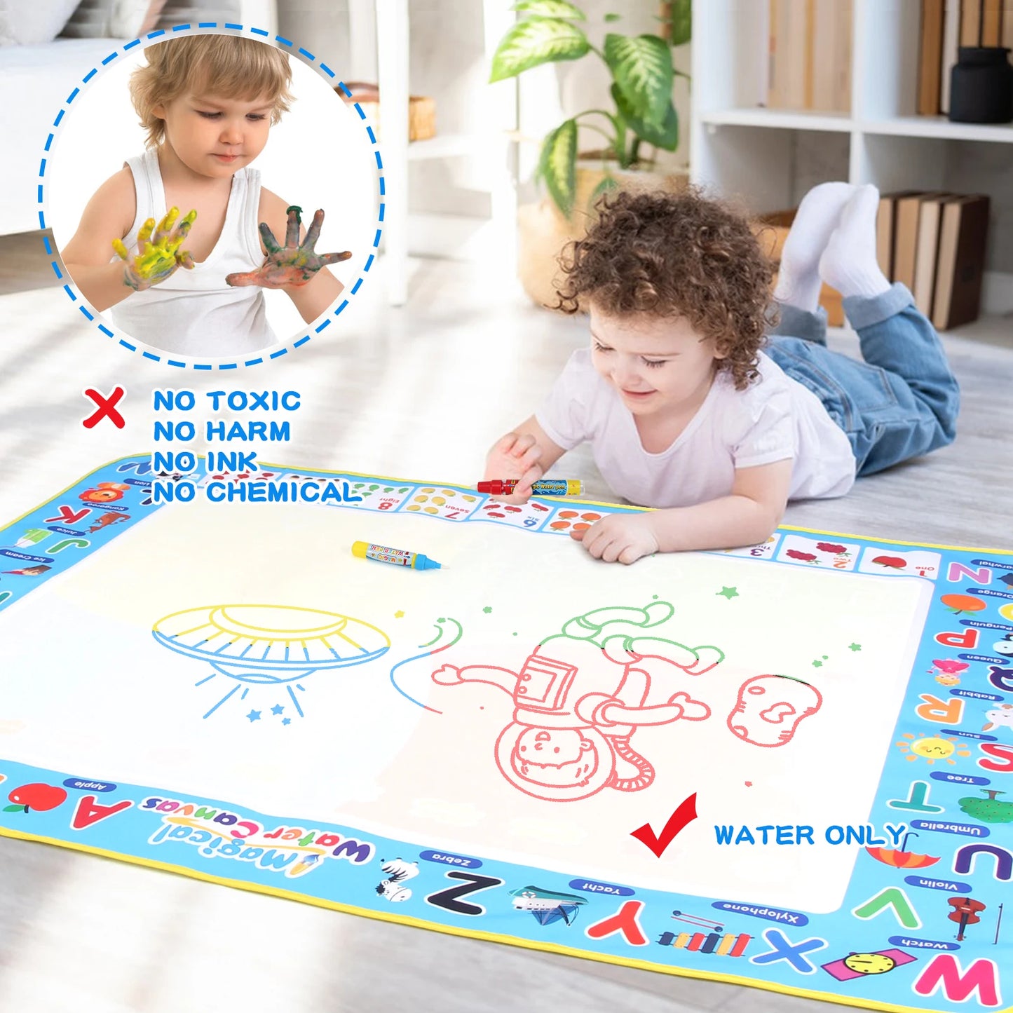 Reusable Water Doodle Mat with Magic Pens | Mess-Free Drawing for Kids